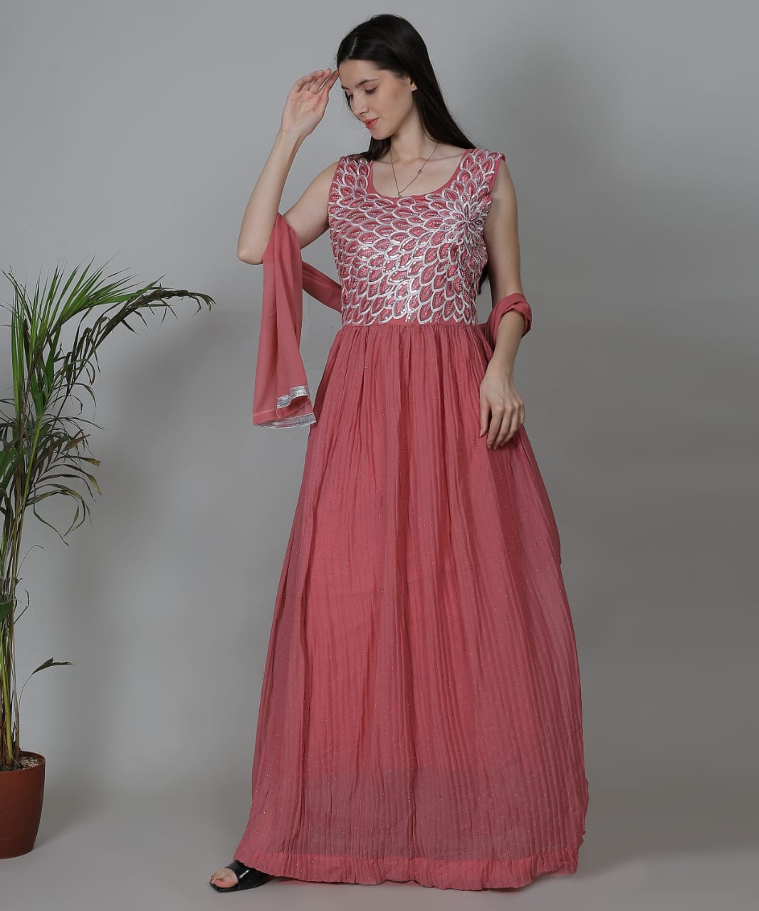 Rose Pink Sleeveless Anarkali Gown Set