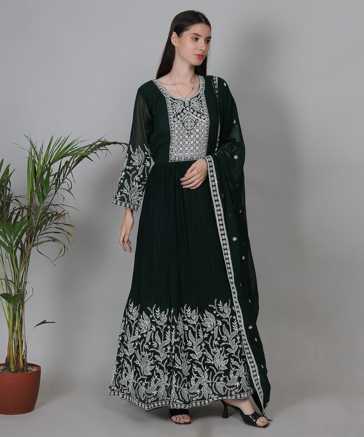 Deep Bottle Green Embroidered Anarkali Suit Set
