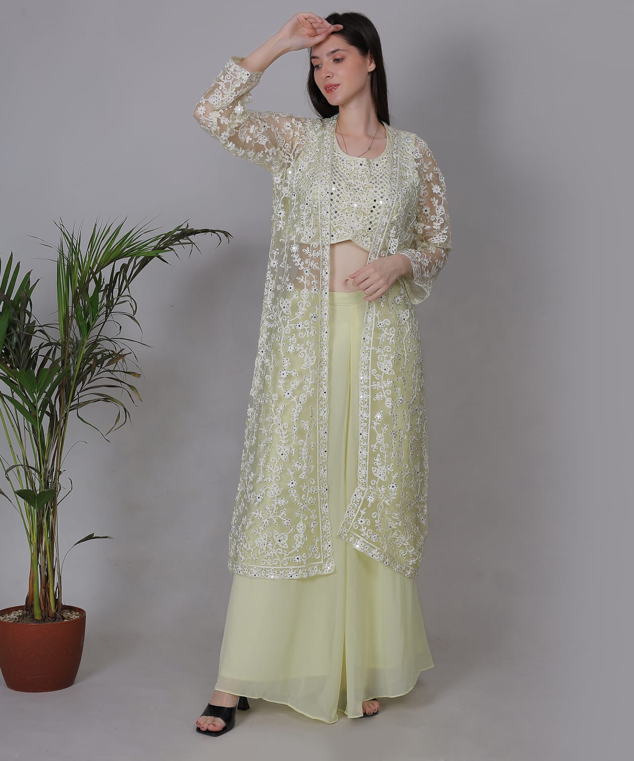 Pastel Yellow Embroidered Jacket Set