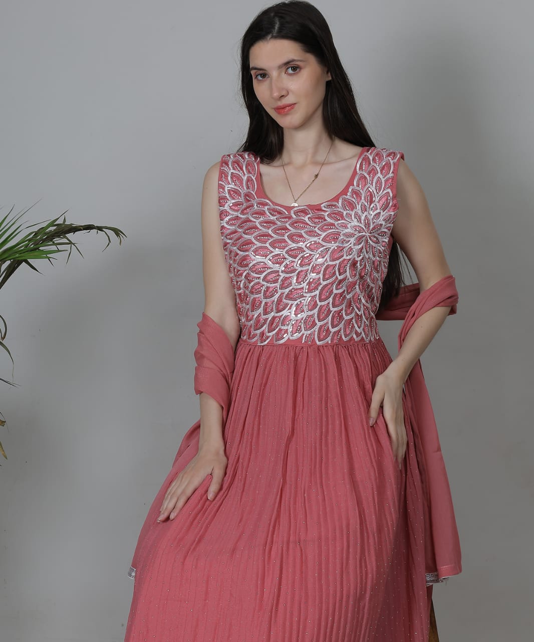 Rose Pink Sleeveless Anarkali Gown Set