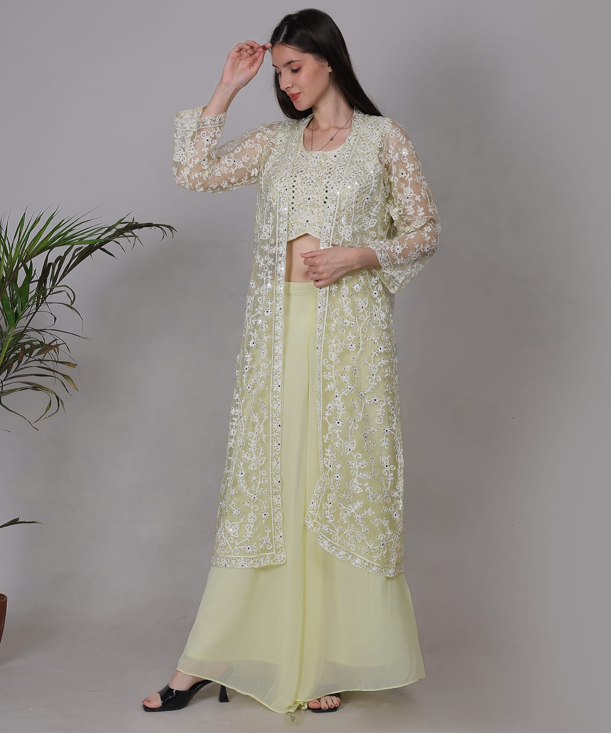 Pastel Yellow Embroidered Jacket Set