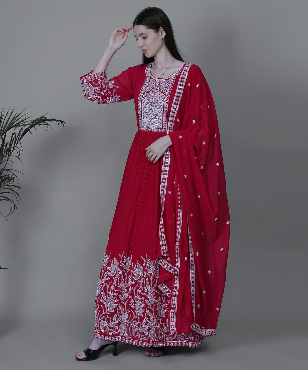 Crimson Red Embroidered Anarkali Set