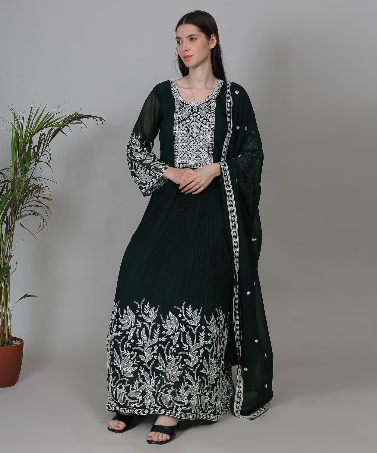 Deep Bottle Green Embroidered Anarkali Suit Set