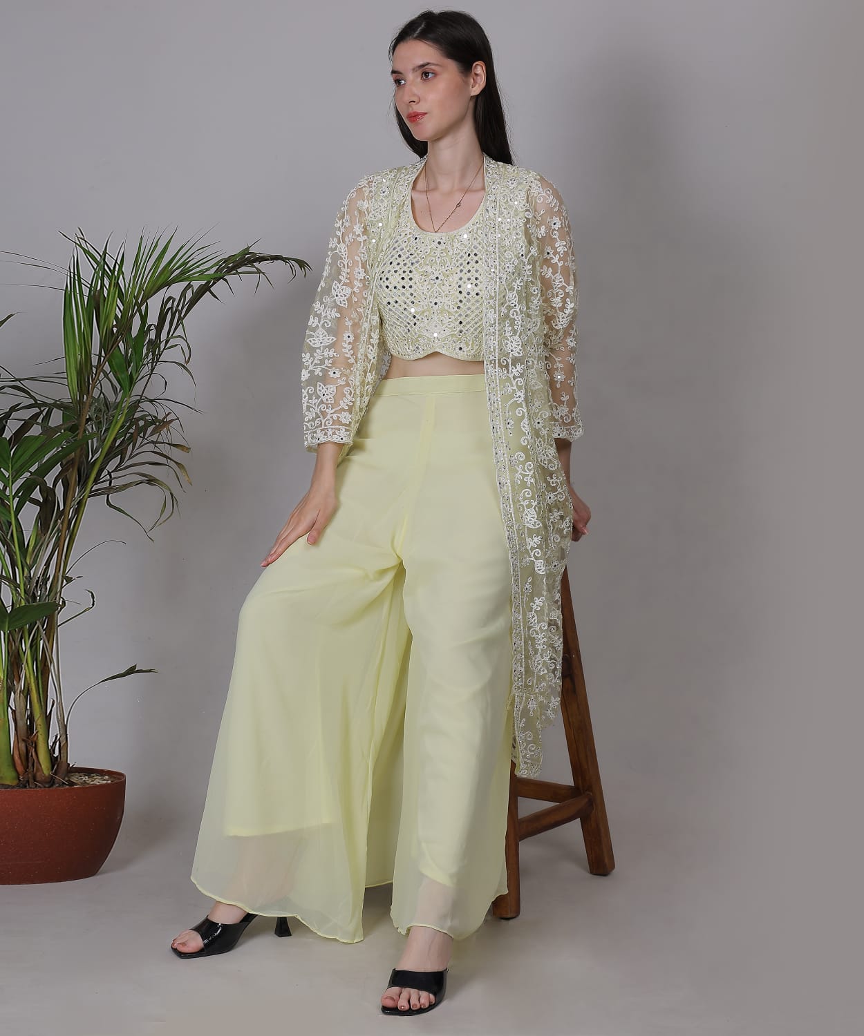Pastel Yellow Embroidered Jacket Set