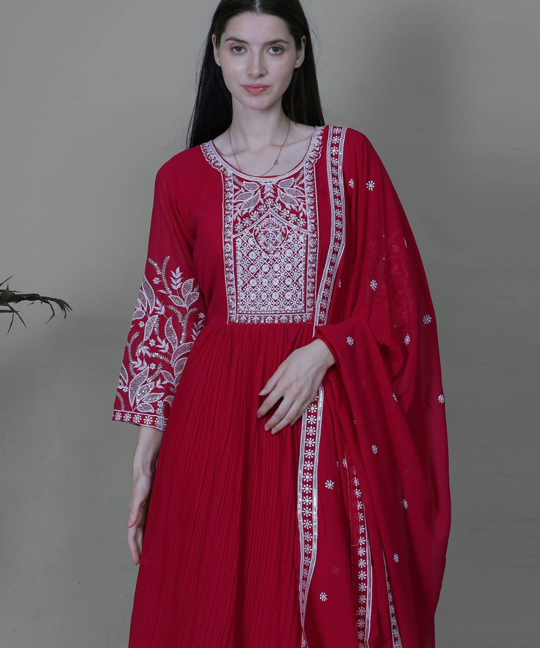 Crimson Red Embroidered Anarkali Set