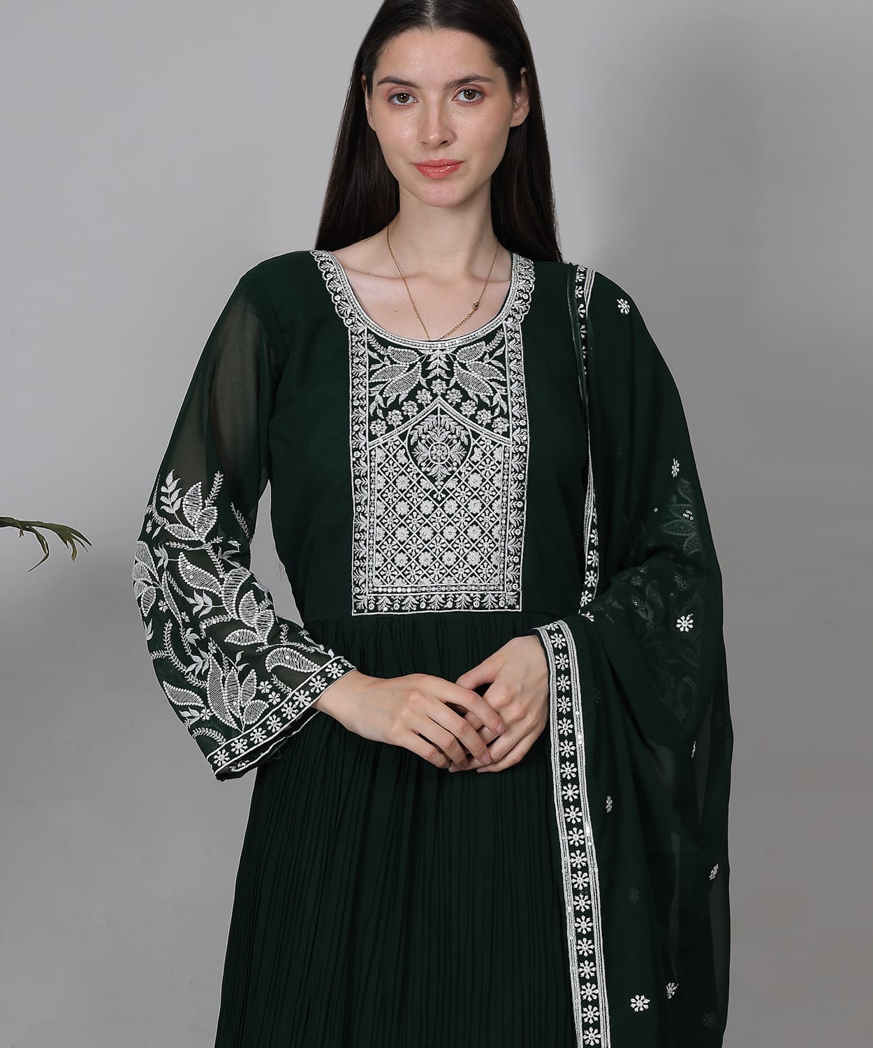Deep Bottle Green Embroidered Anarkali Suit Set