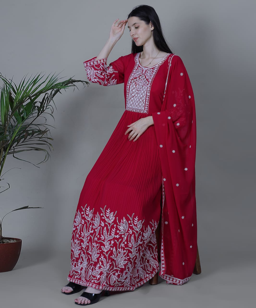 Crimson Red Embroidered Anarkali Set