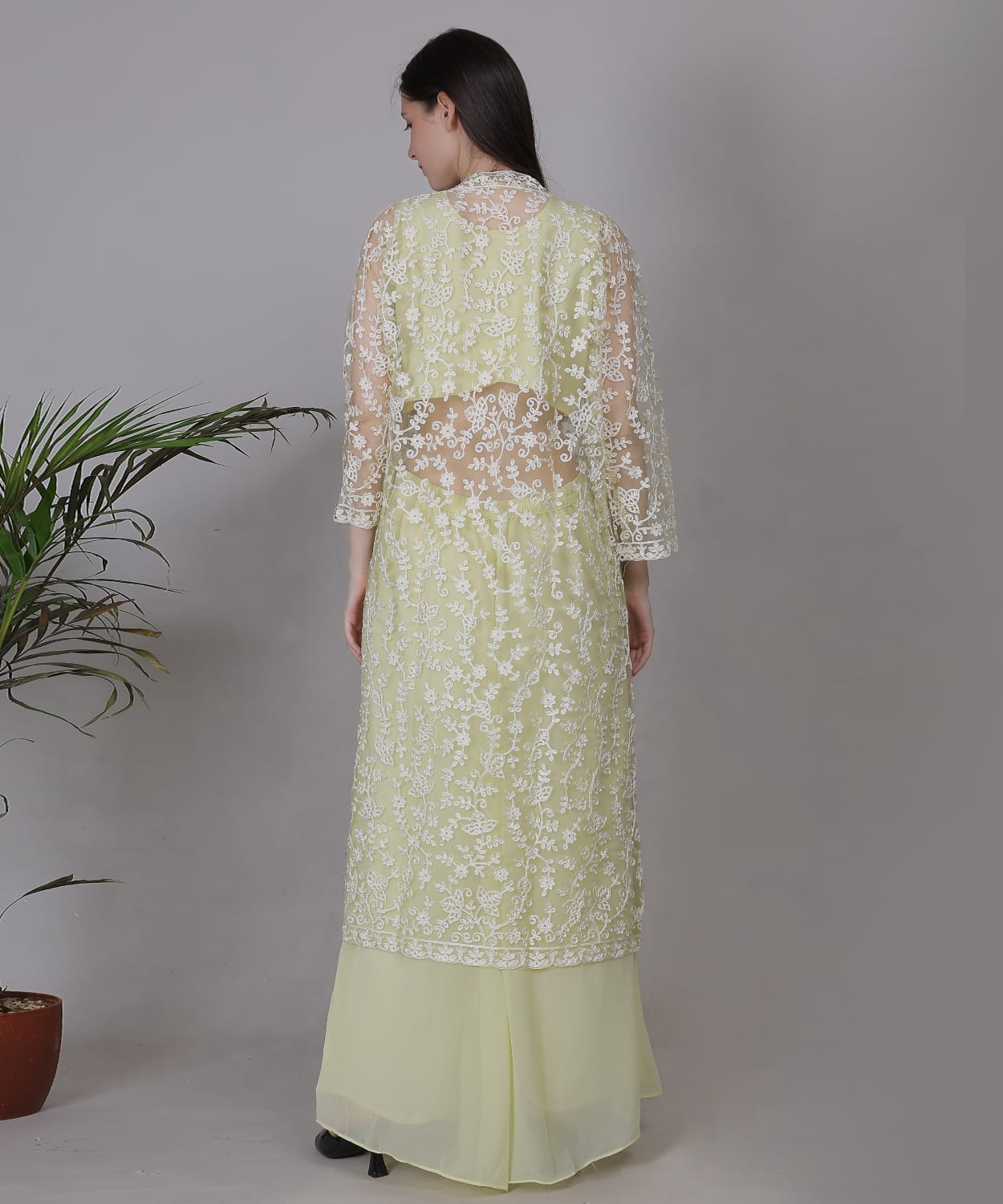 Pastel Yellow Embroidered Jacket Set