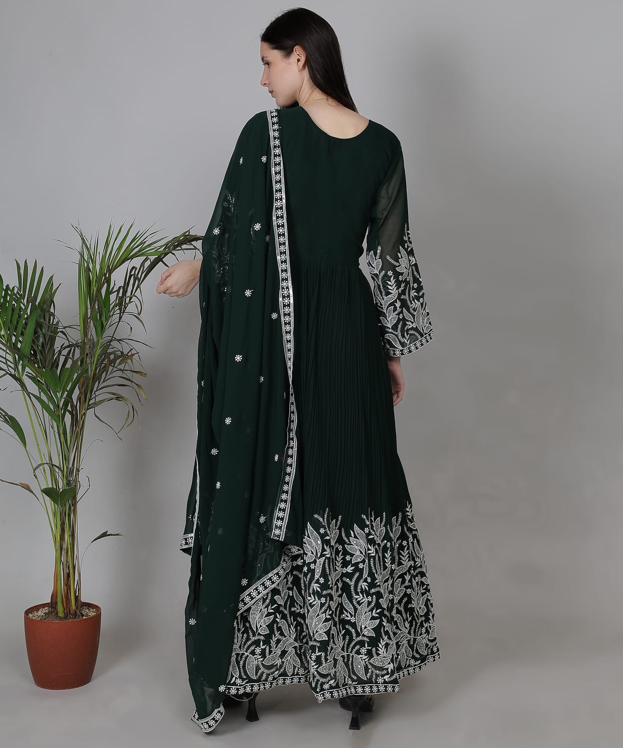 Deep Bottle Green Embroidered Anarkali Suit Set