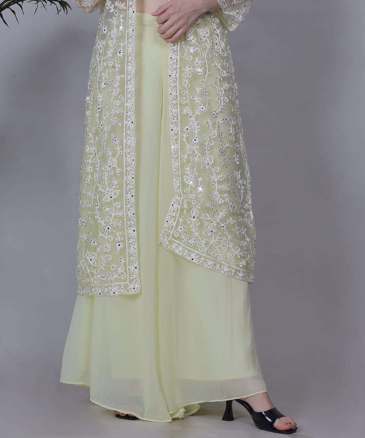 Pastel Yellow Embroidered Jacket Set