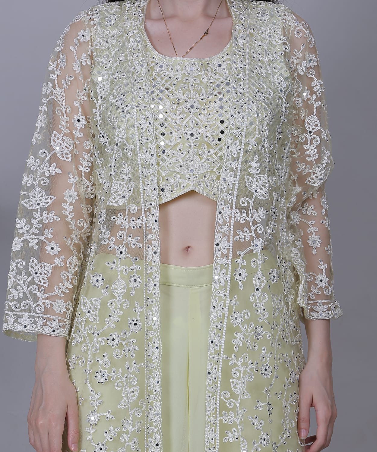Pastel Yellow Embroidered Jacket Set