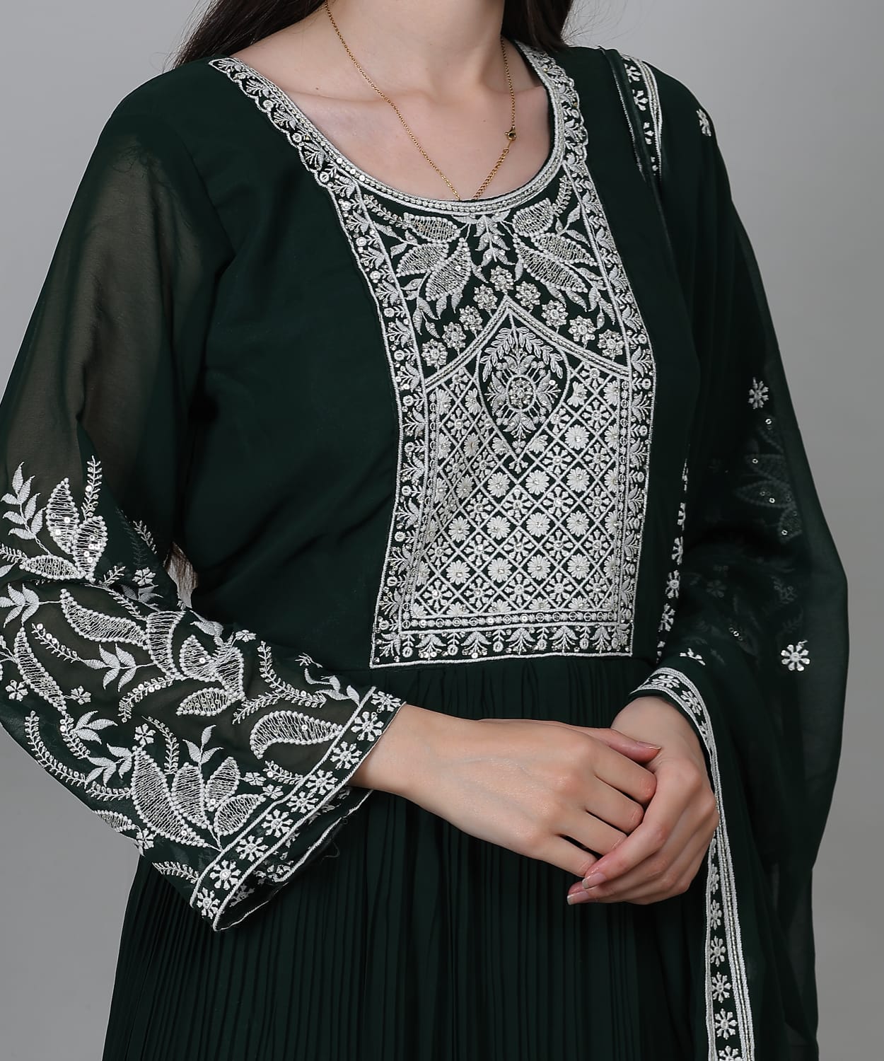 Deep Bottle Green Embroidered Anarkali Suit Set