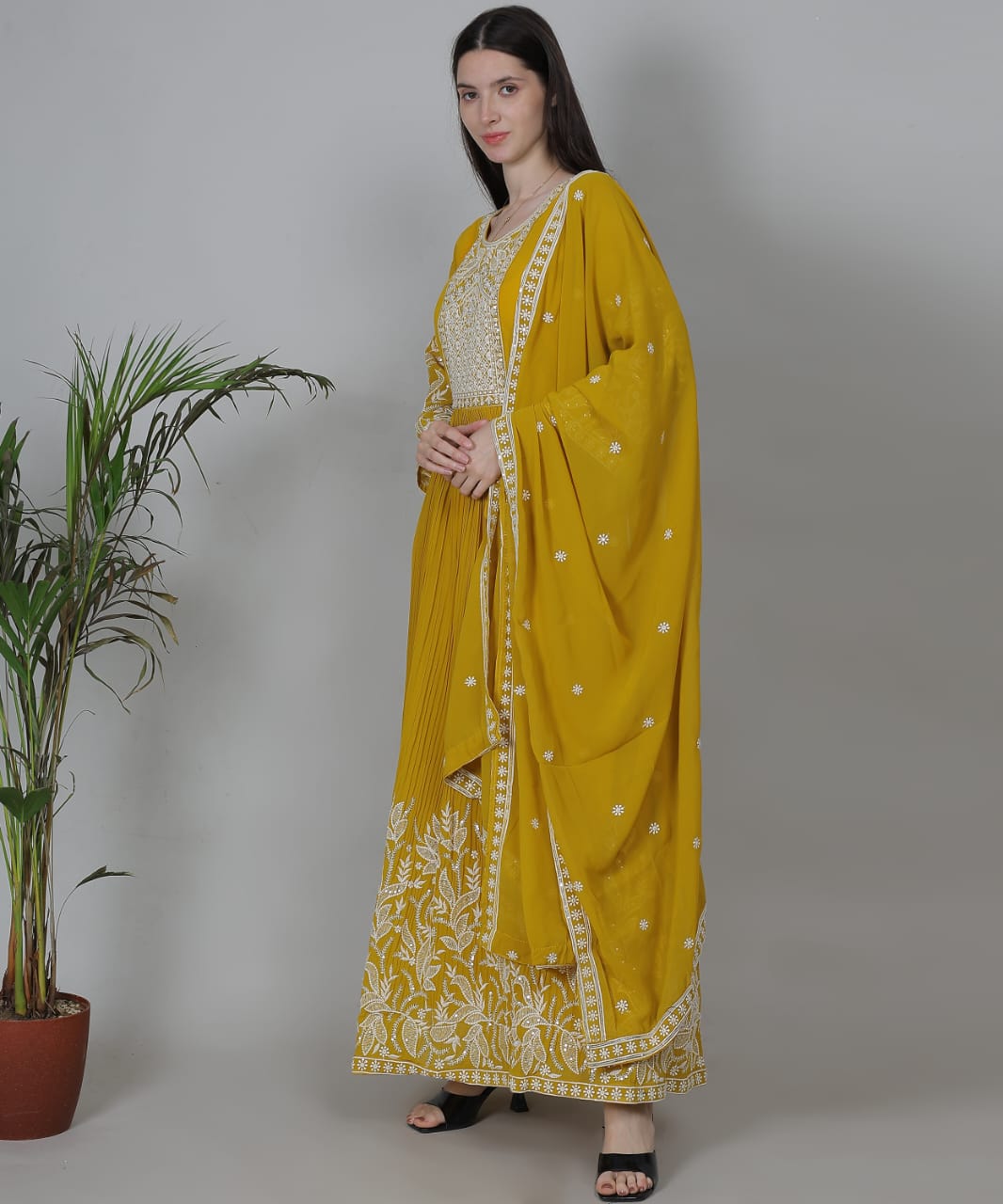 Mustard yellow Anarkali suit set