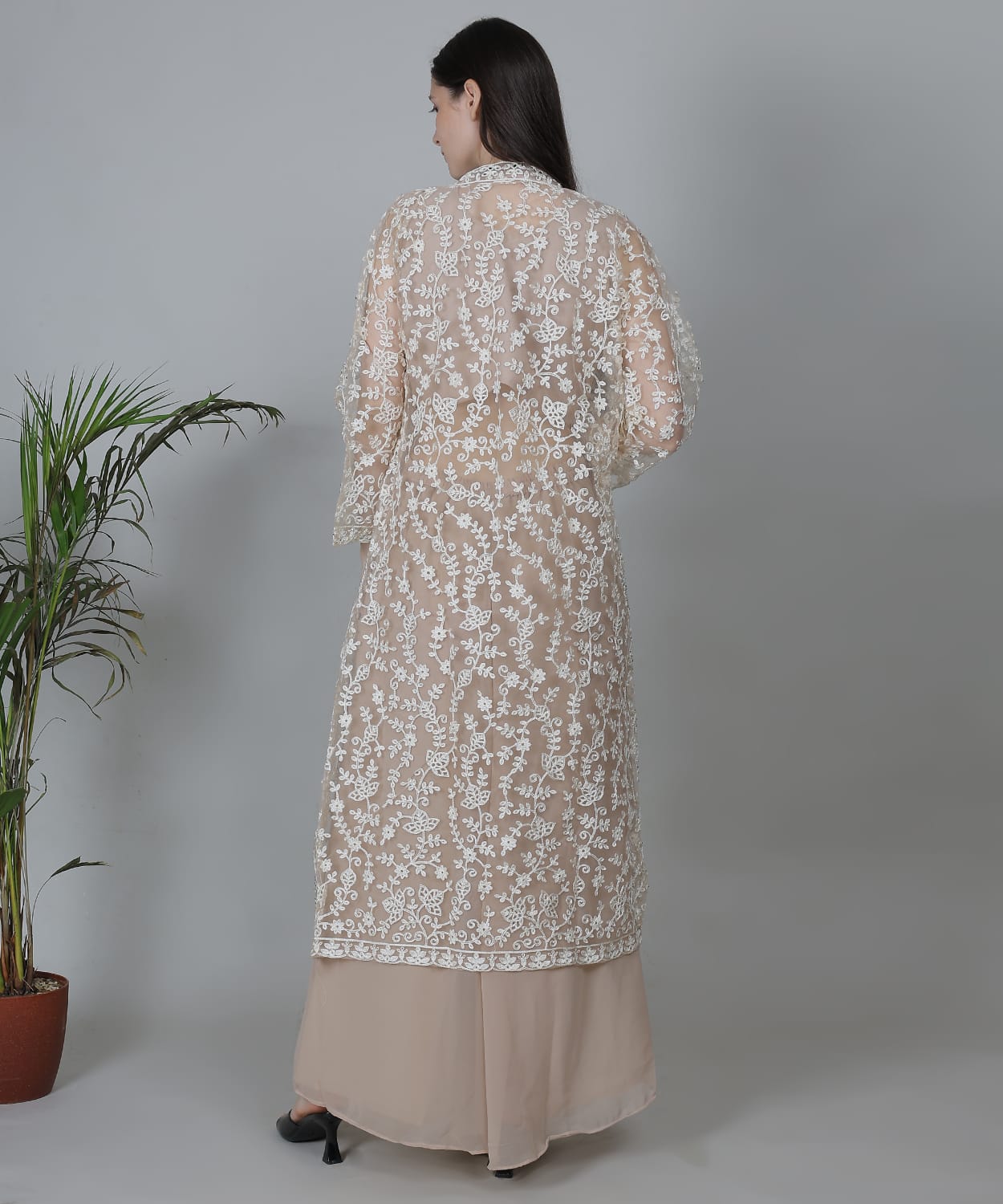 Nude beige ivory embroidered sheer jacket