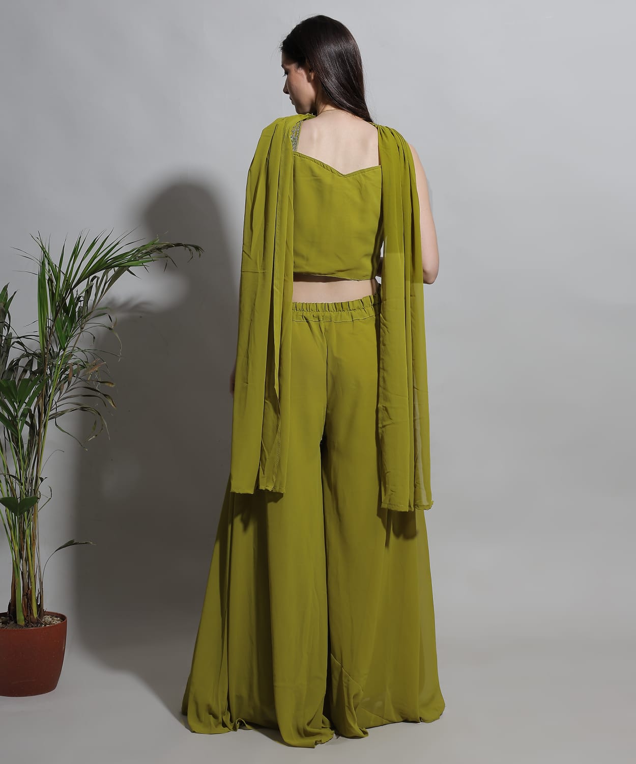 Chic Olive Green Crop Top & Palazzo with Dupatta – Party Wear