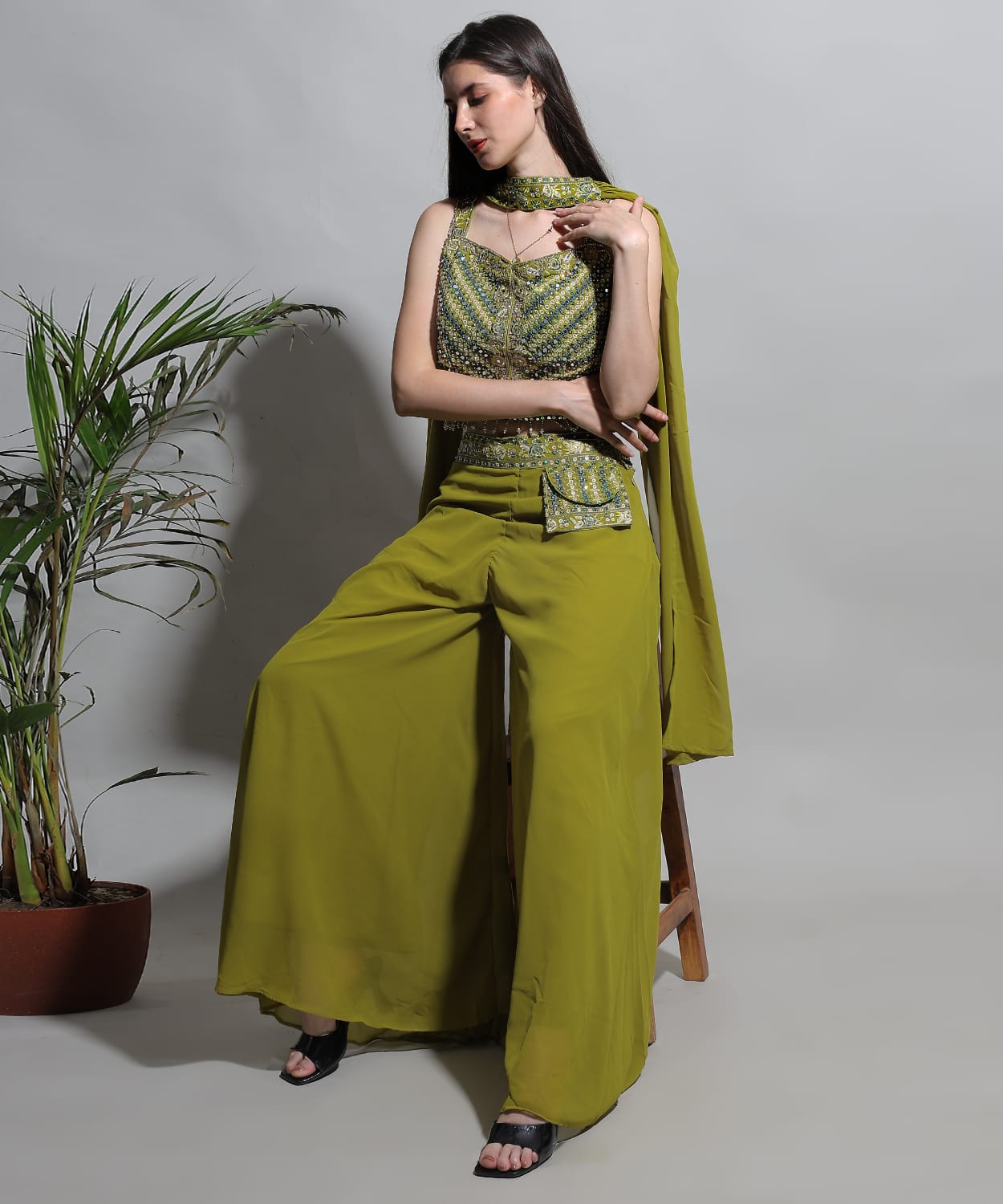Chic Olive Green Crop Top & Palazzo with Dupatta – Party Wear