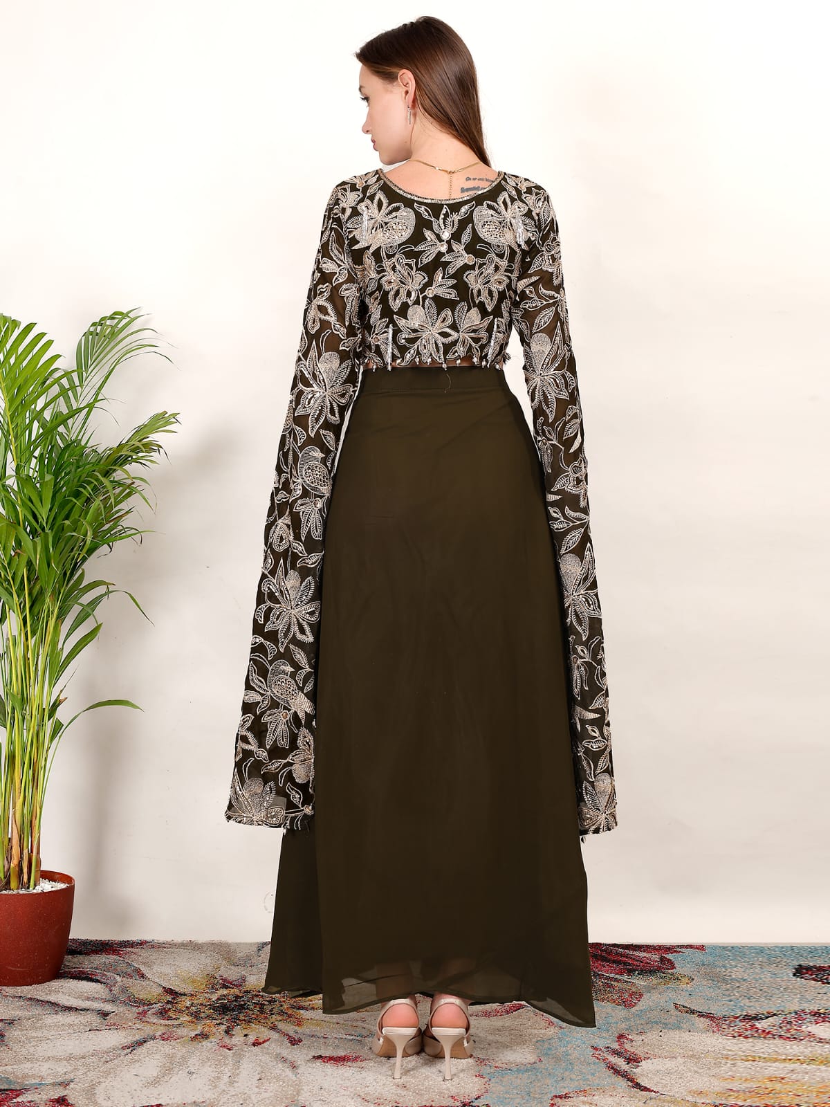 Black Embroidered Crop Top with Olive Green Draped Skirt – Indo-Western Party Wear