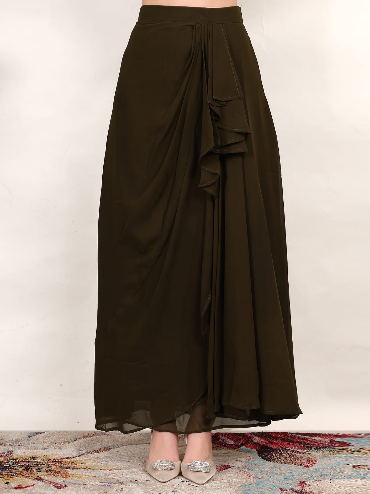 Black Embroidered Crop Top with Olive Green Draped Skirt – Indo-Western Party Wear