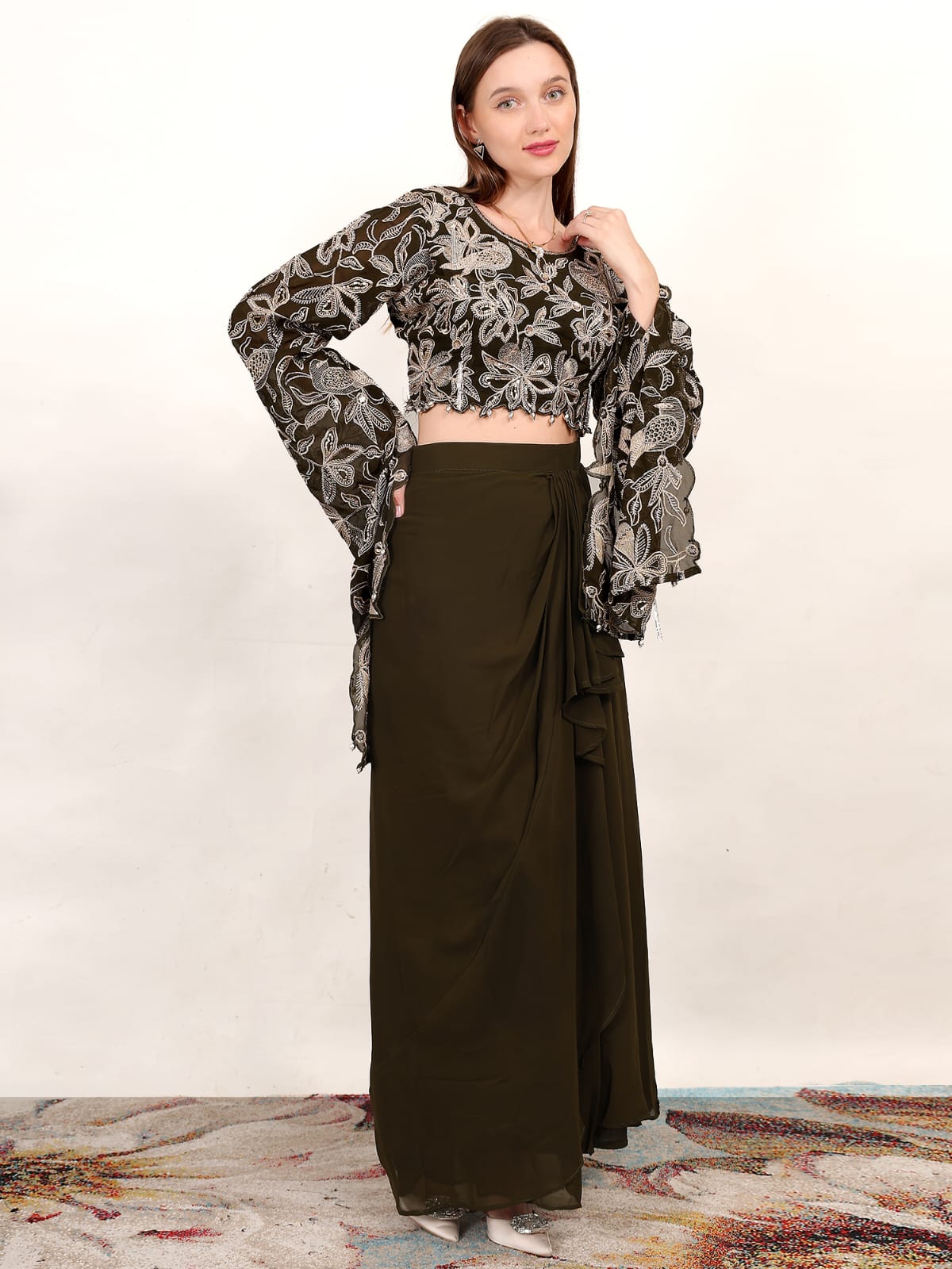 Black Embroidered Crop Top with Olive Green Draped Skirt – Indo-Western Party Wear