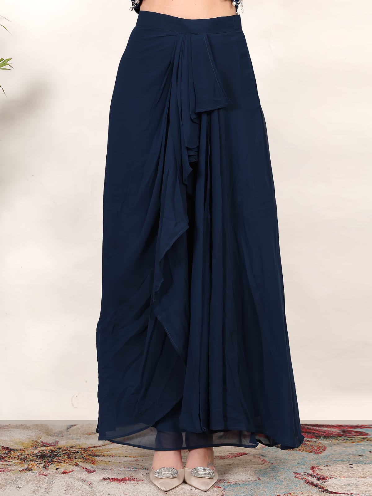 Designer Navy Blue Partywear Indo-Western Outfit with Embroidered Crop Top & Draped Skirt