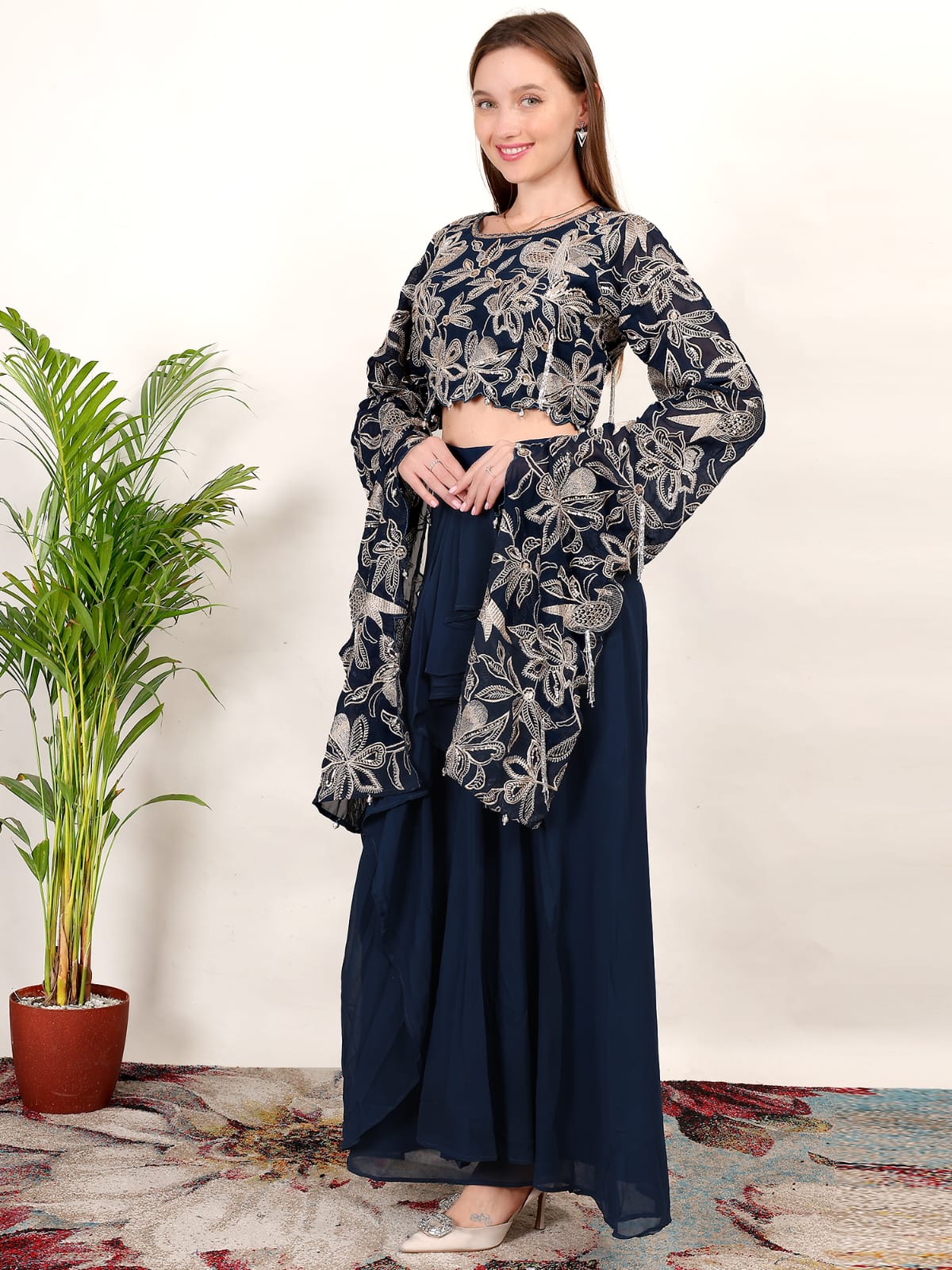 Designer Navy Blue Partywear Indo-Western Outfit with Embroidered Crop Top & Draped Skirt