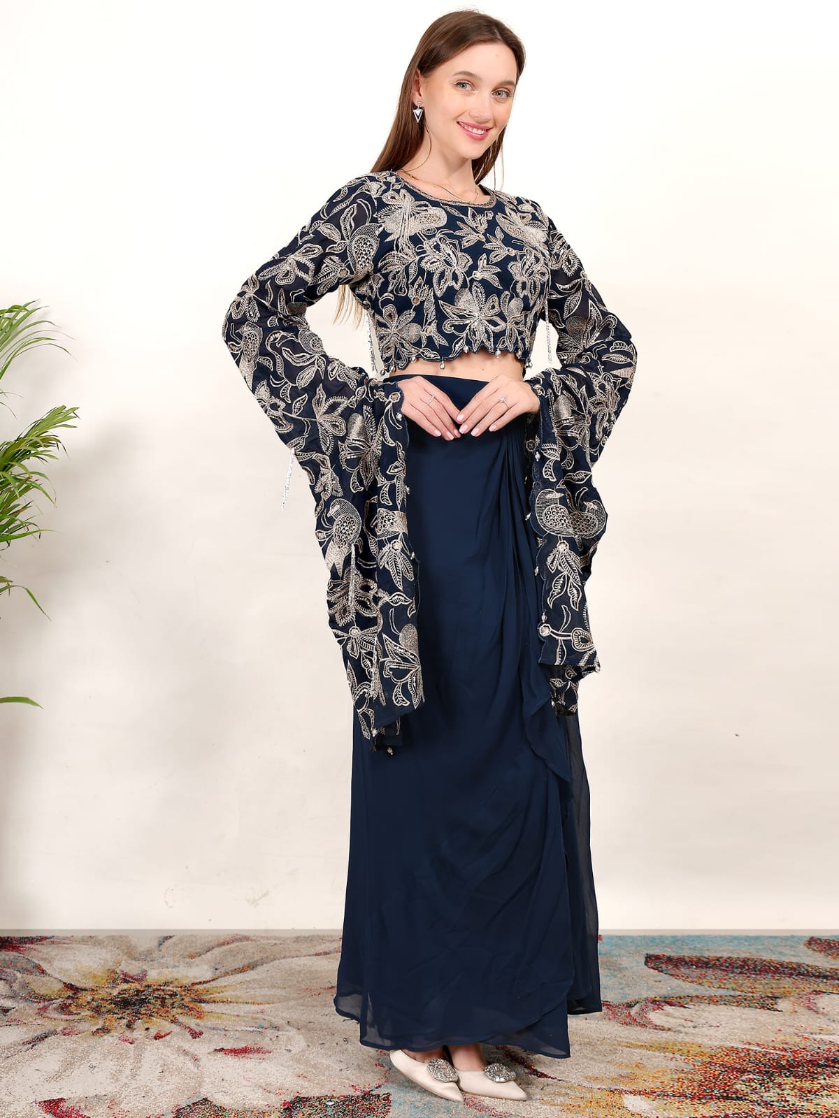 Designer Navy Blue Partywear Indo-Western Outfit with Embroidered Crop Top & Draped Skirt
