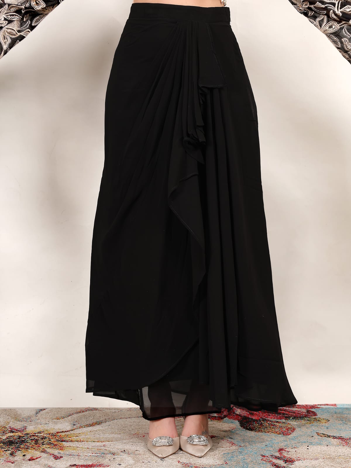 Black Floral Embroidered Crop Top with Flared Sleeves & Maxi Skirt Set for Women