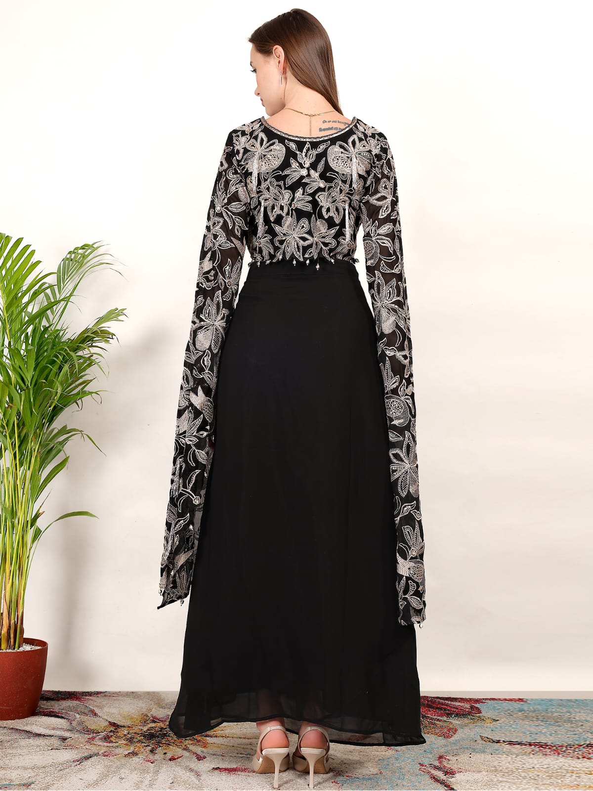 Black Floral Embroidered Crop Top with Flared Sleeves & Maxi Skirt Set for Women