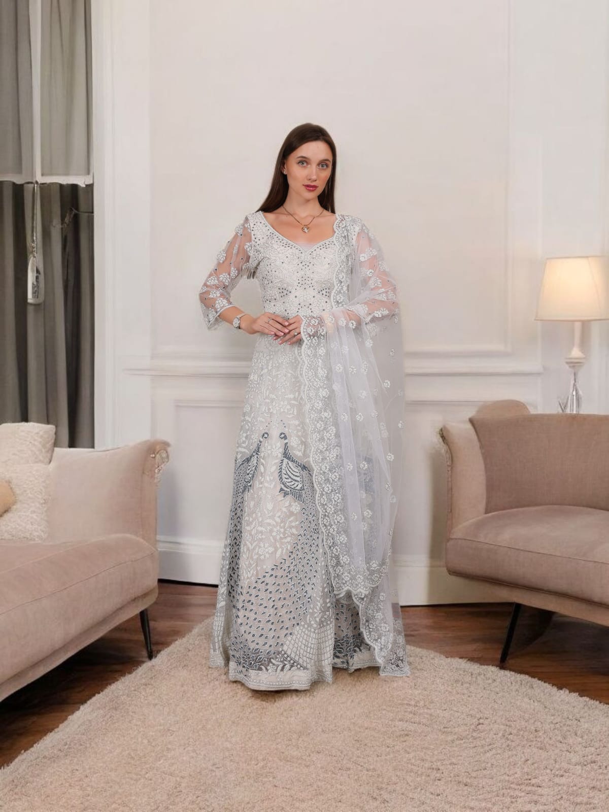 Adorable Net White Silver Color peacock Design Lehenga Choli