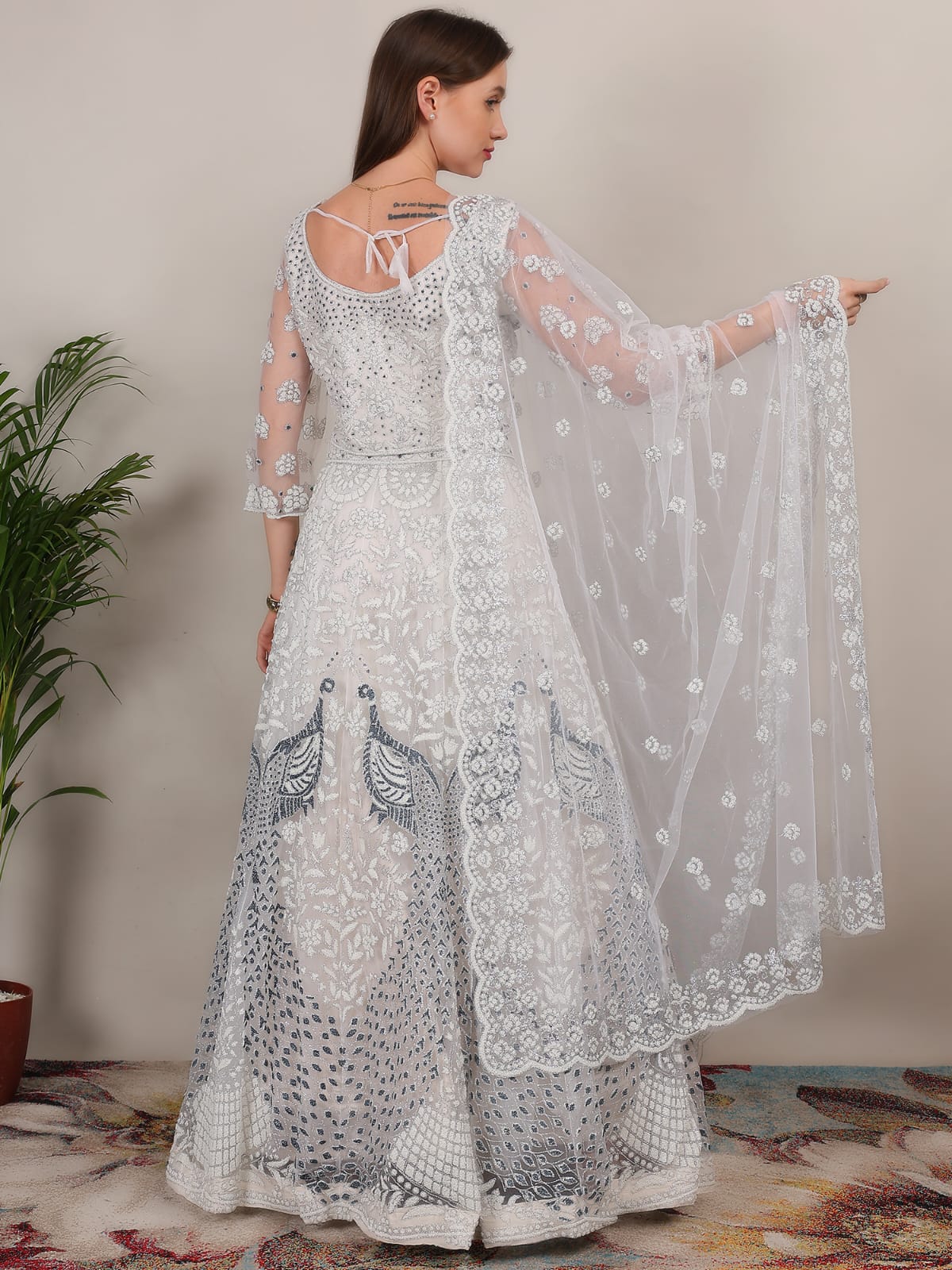 Adorable Net White Silver Color peacock Design Lehenga Choli