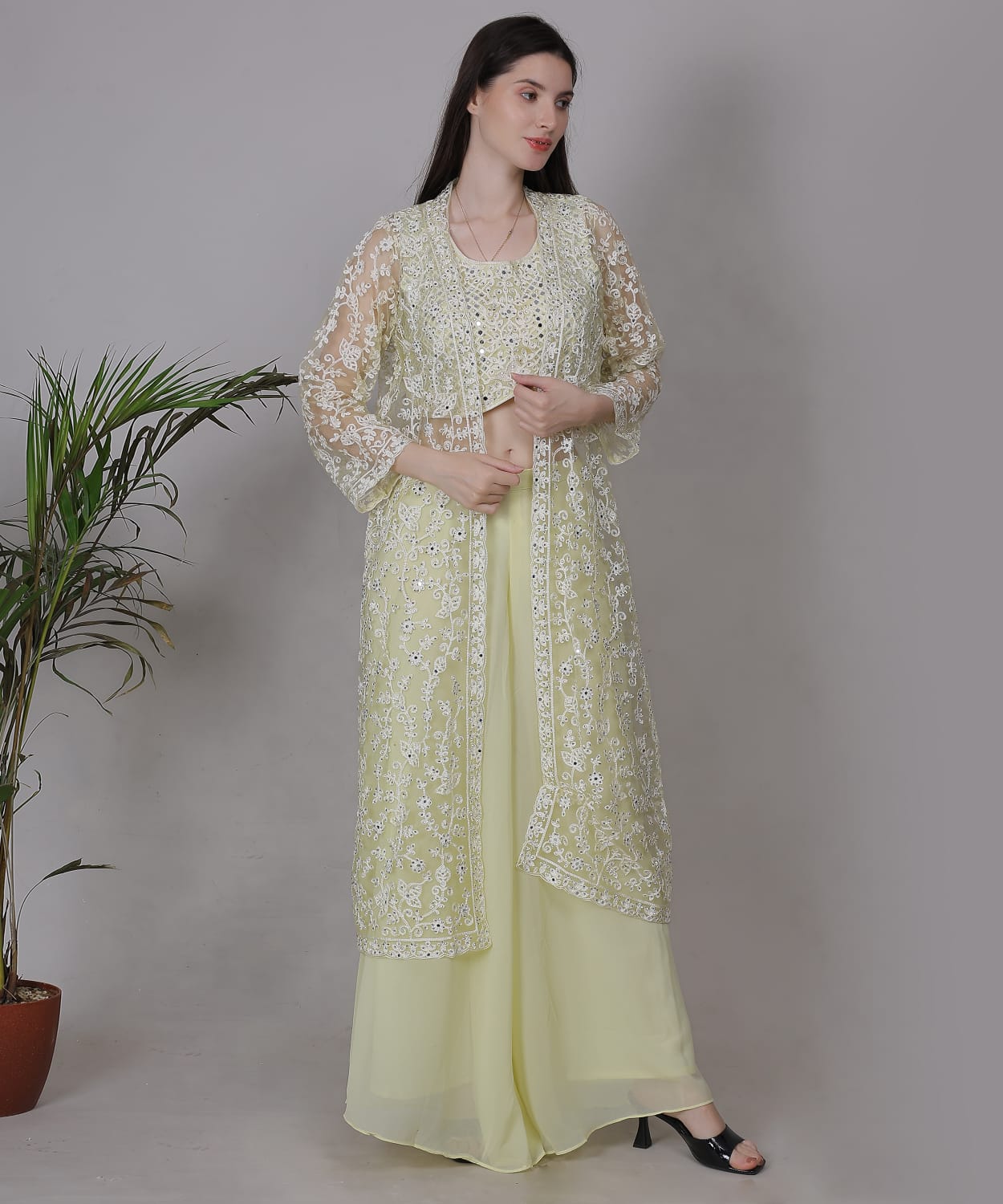 Pastel Yellow Embroidered Jacket Set