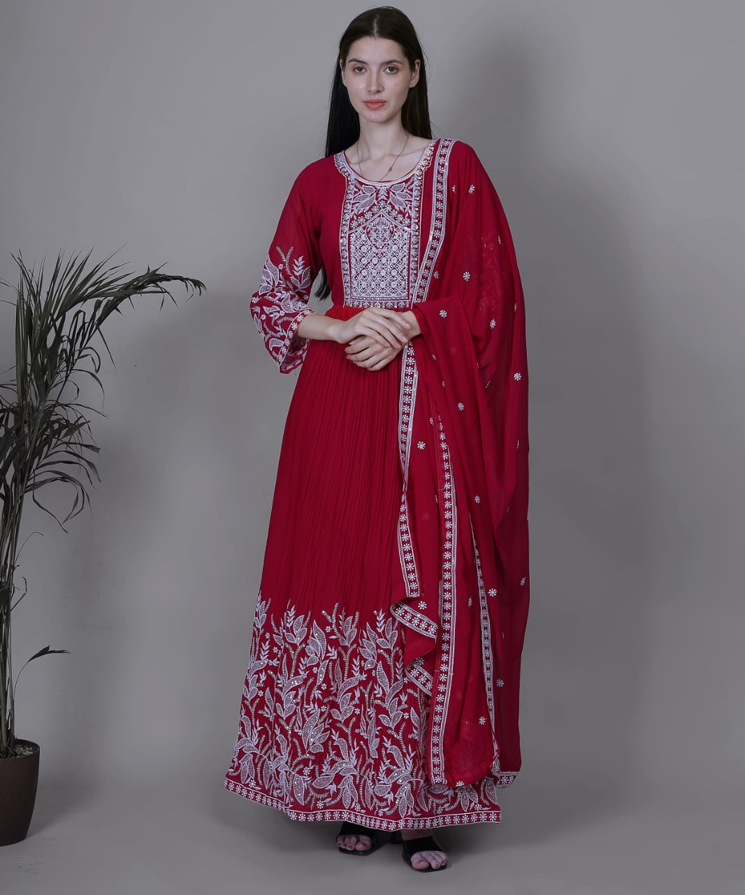 Crimson Red Embroidered Anarkali Set