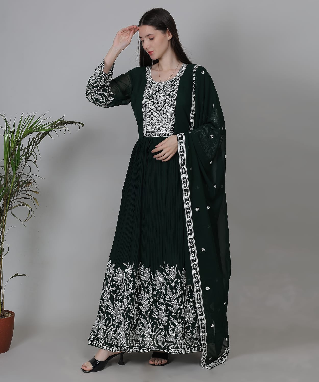 Deep Bottle Green Embroidered Anarkali Suit Set