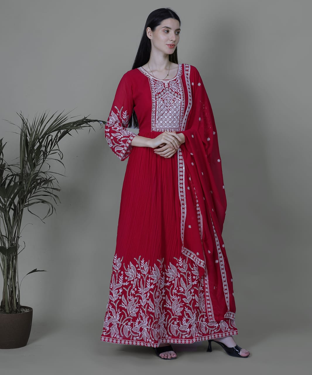 Crimson Red Embroidered Anarkali Set