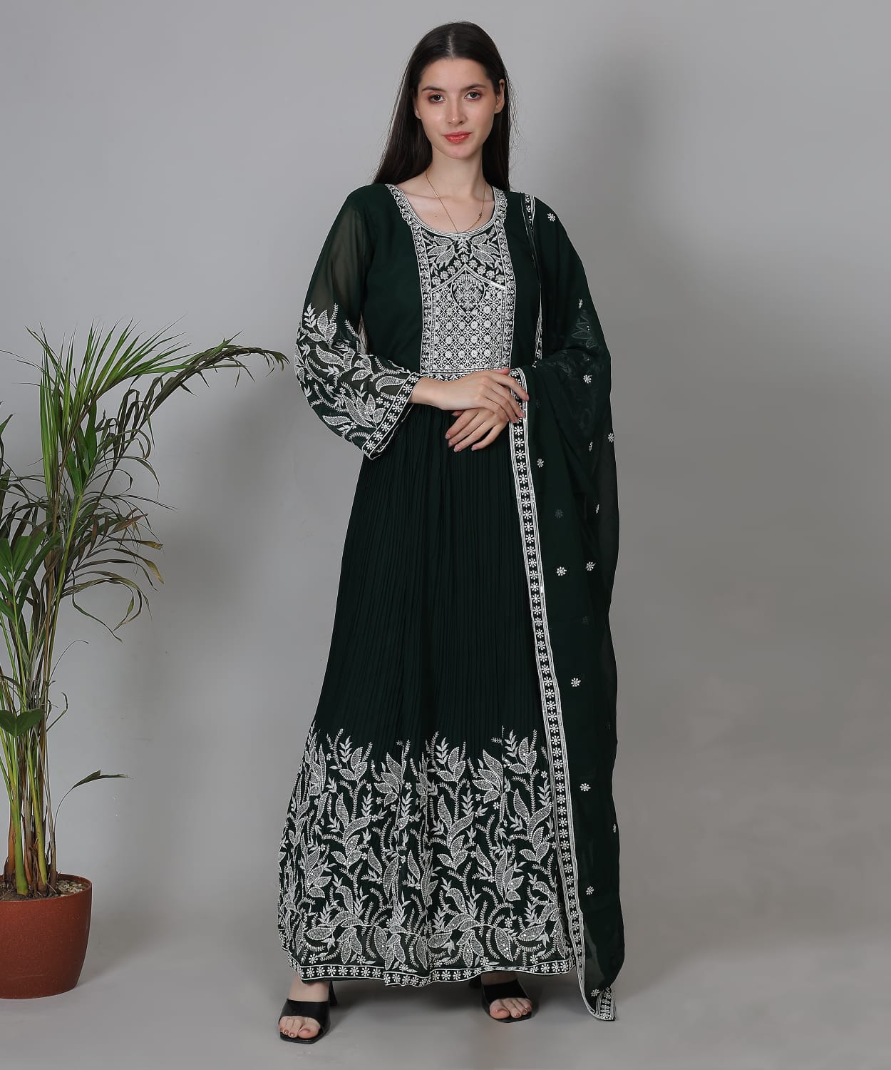 Deep Bottle Green Embroidered Anarkali Suit Set