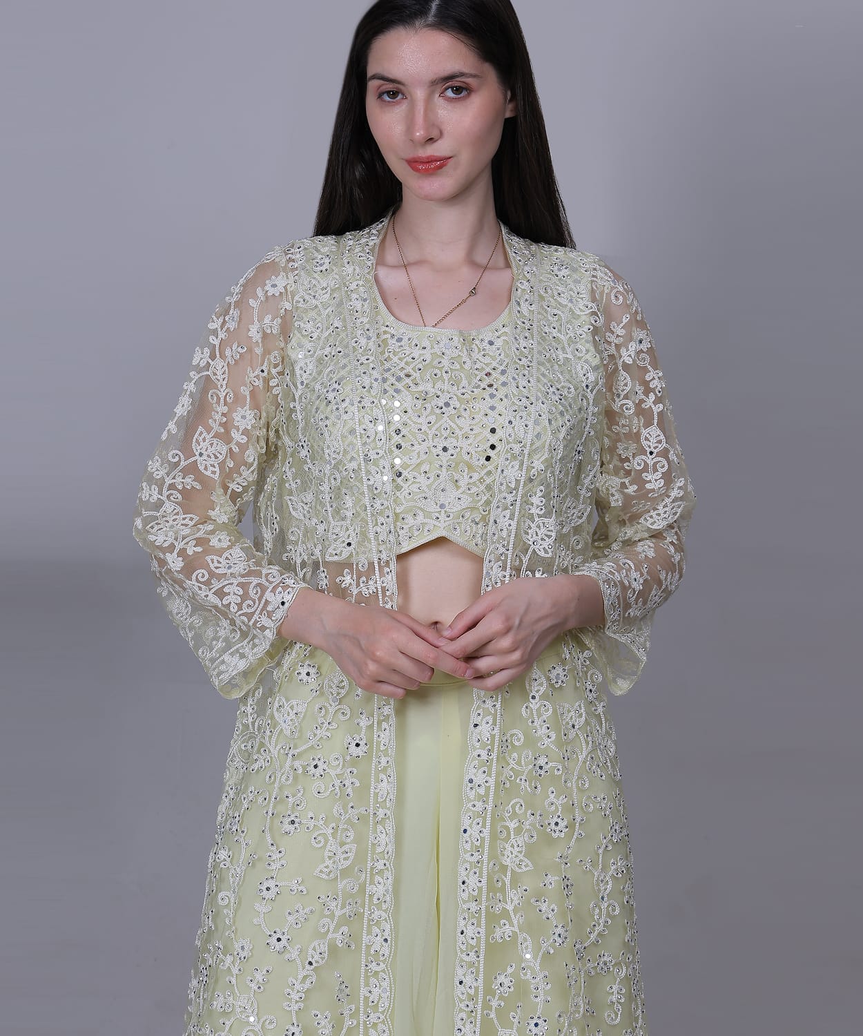 Pastel Yellow Embroidered Jacket Set