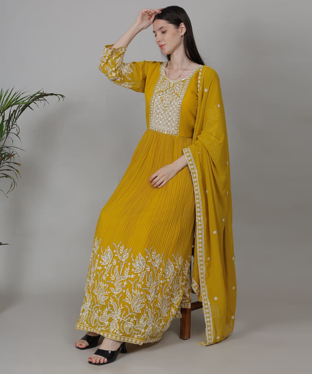 Mustard yellow Anarkali suit set