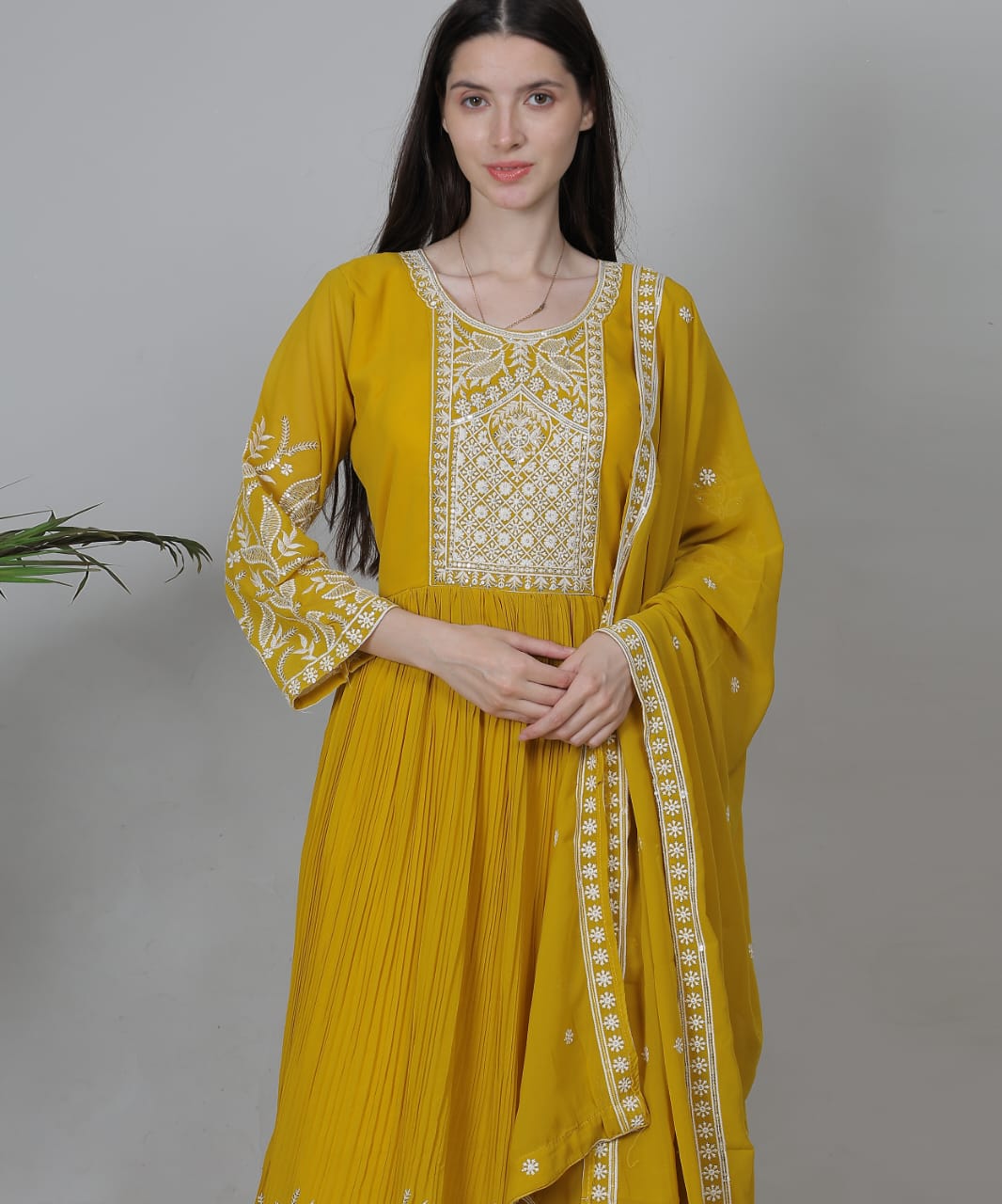 Mustard yellow Anarkali suit set