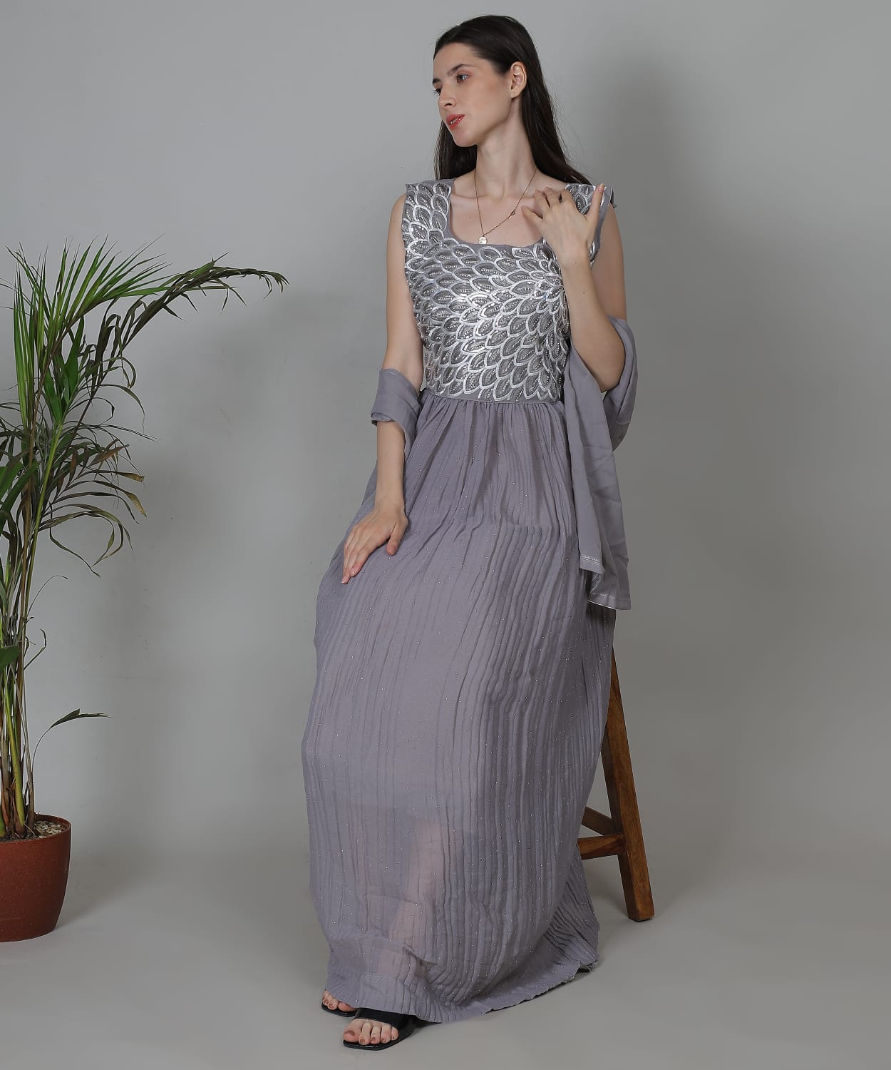 Graceful floor-length grey gown