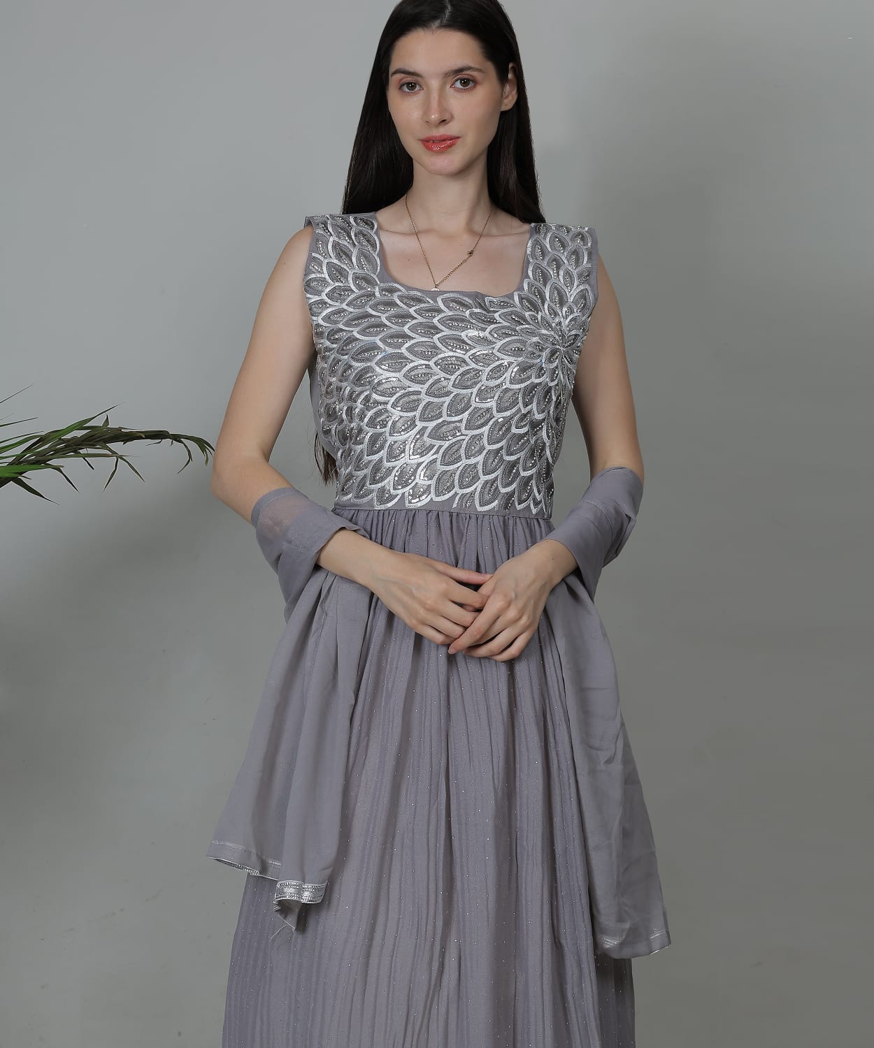 Graceful floor-length grey gown