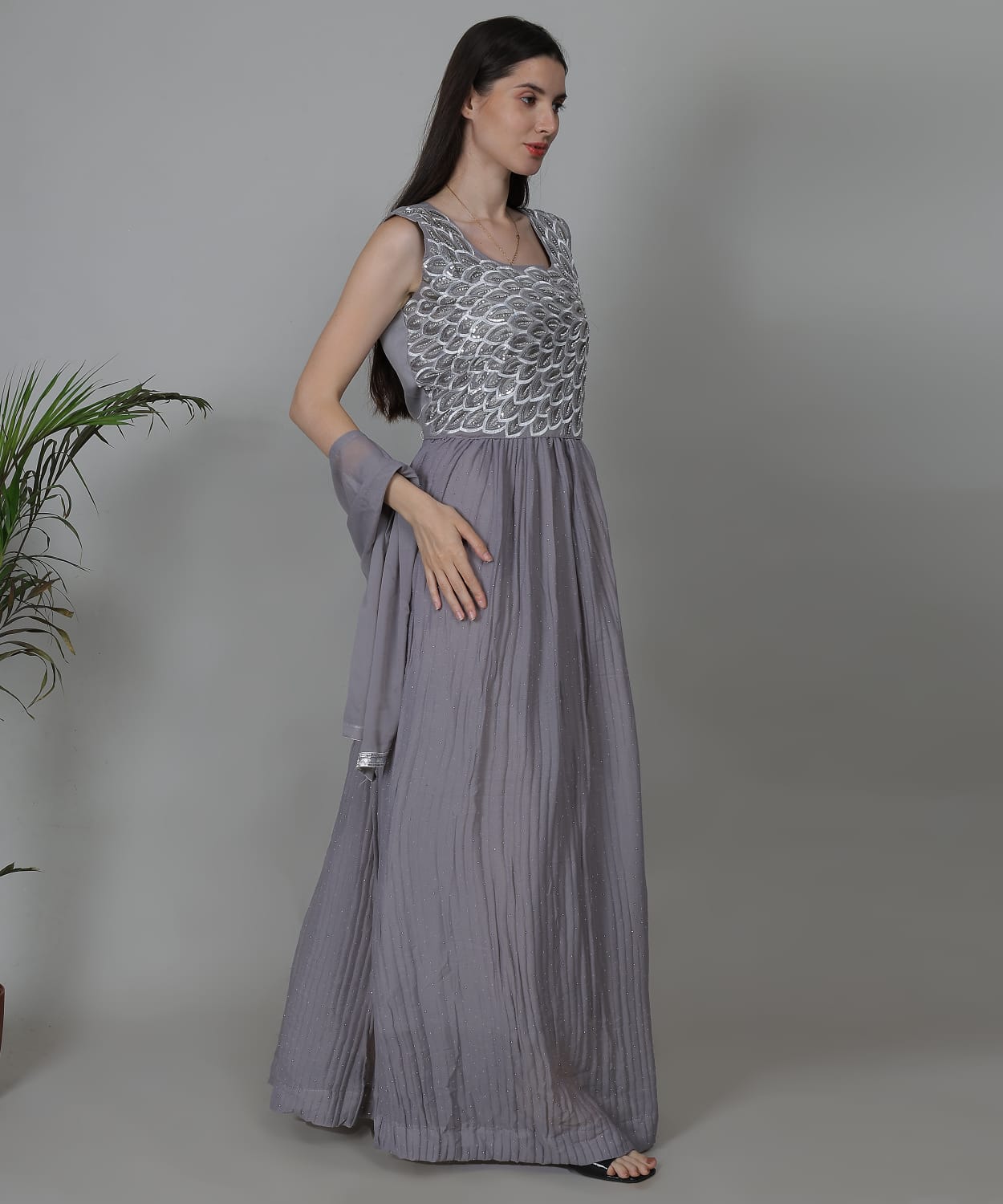 Graceful floor-length grey gown