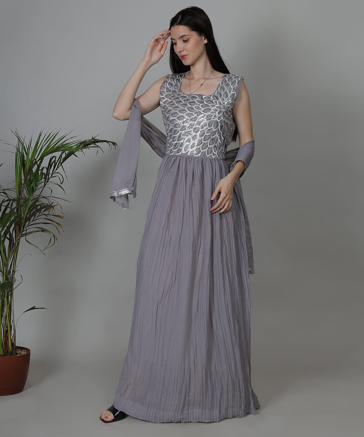 Graceful floor-length grey gown