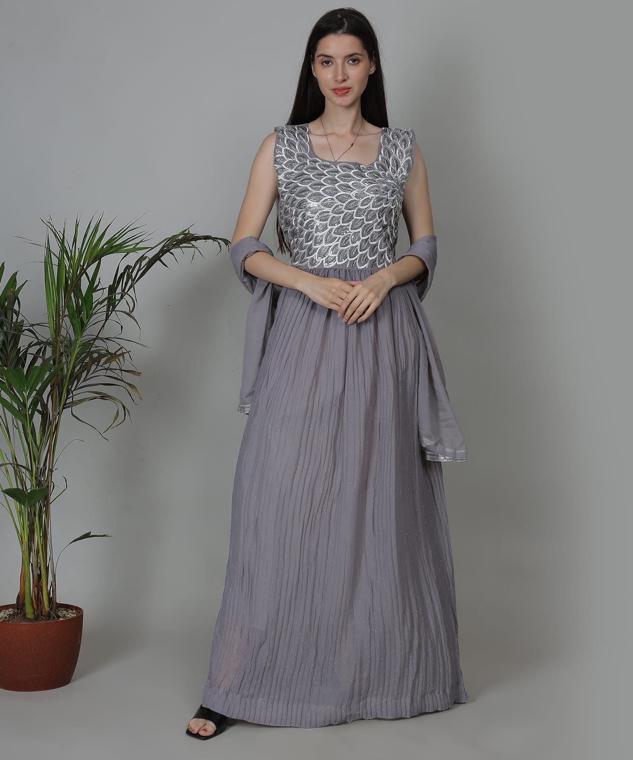 Graceful floor-length grey gown