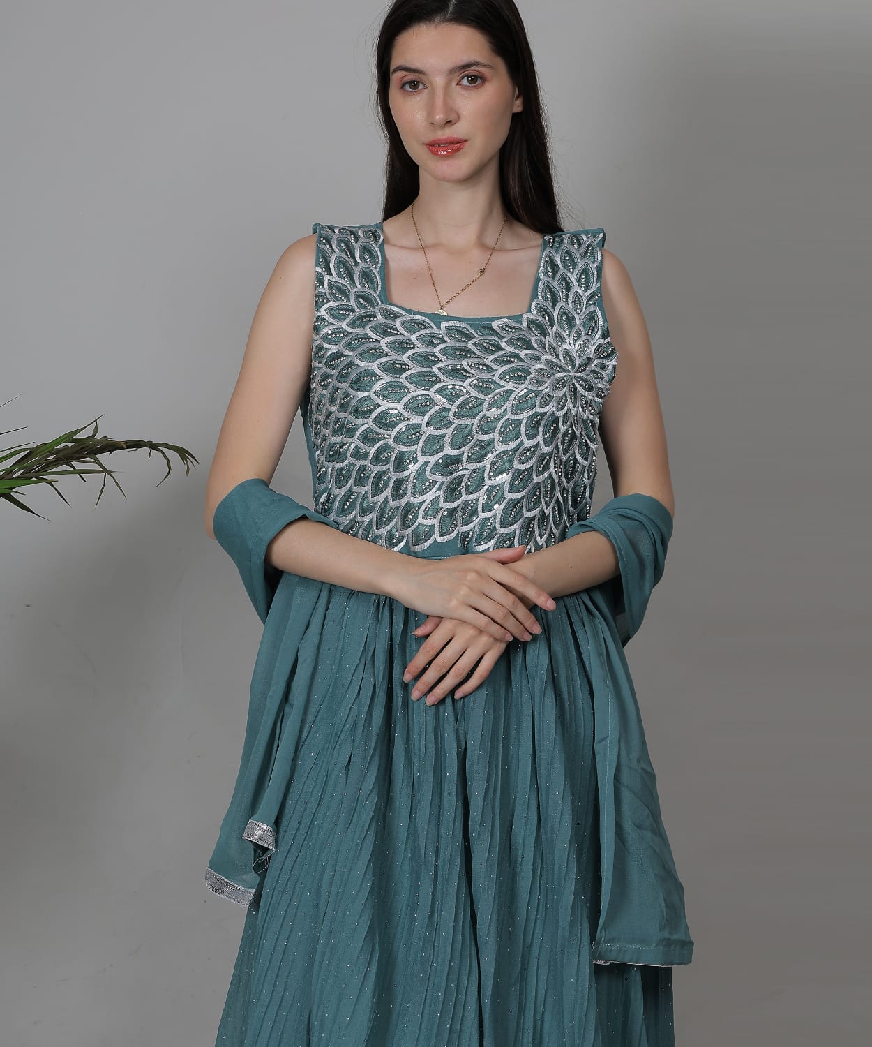 Teal Blue Embroidered Anarkali Gown Set
