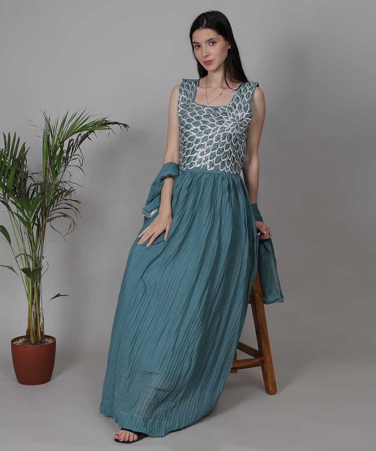 Teal Blue Embroidered Anarkali Gown Set