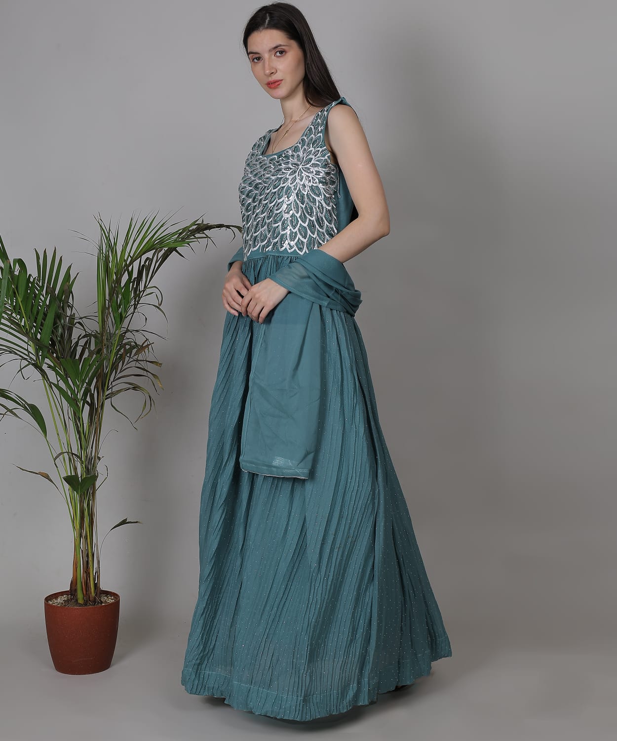 Teal Blue Embroidered Anarkali Gown Set