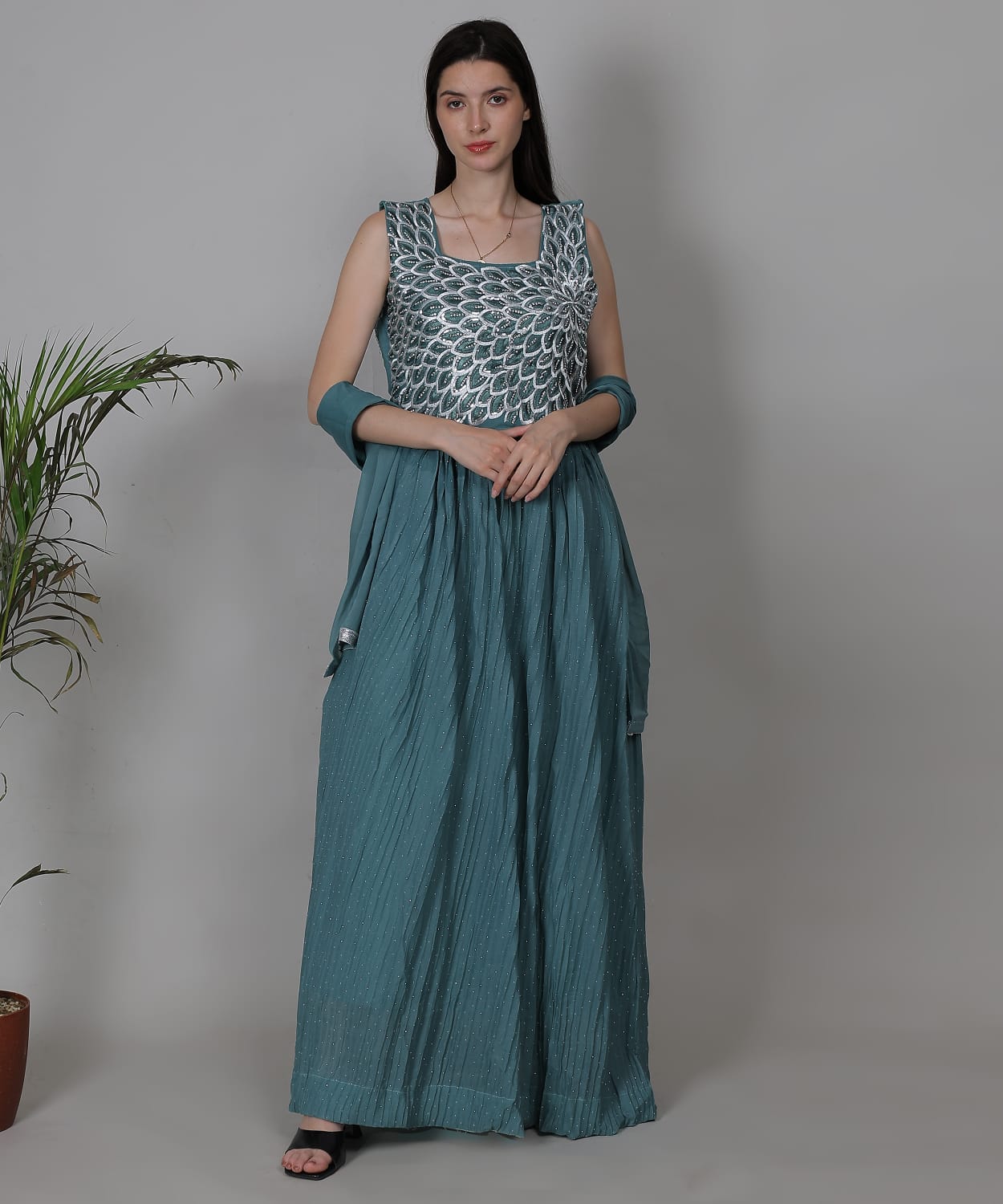 Teal Blue Embroidered Anarkali Gown Set