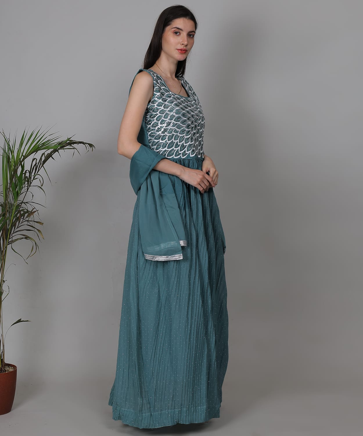 Teal Blue Embroidered Anarkali Gown Set