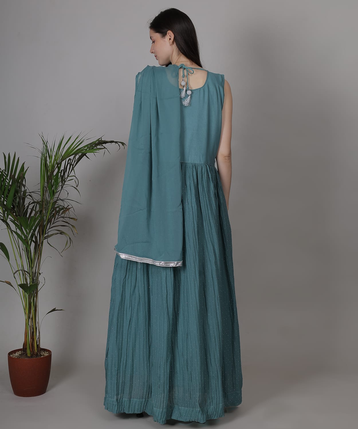 Teal Blue Embroidered Anarkali Gown Set