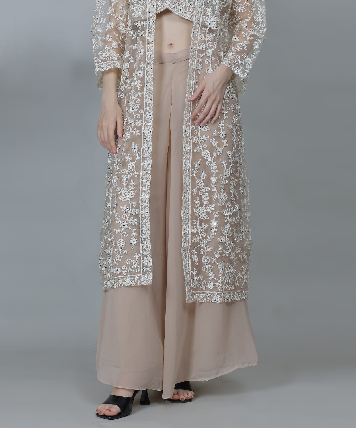Nude beige ivory embroidered sheer jacket